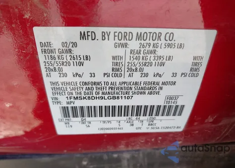 2020 Ford Explorer Xlt z USA, uszkodzony, nr VIN 1FMSK8DH9LGB81107